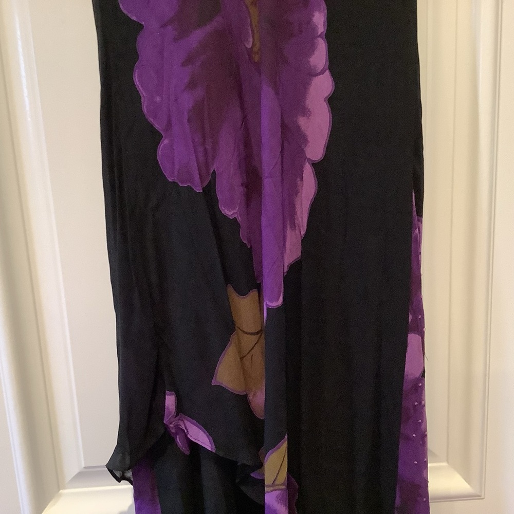 Vtg Black Purple Floral Midi Dress Size 14 Handkerchief Hem Fairy Whimsygoth - Picture 7 of 16